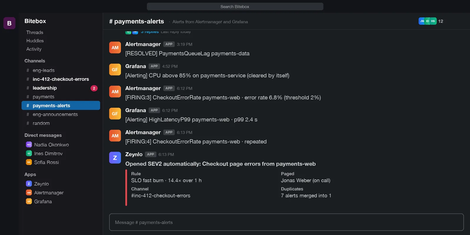 A Slack alerts channel where Zeynlo merges seven alerts and opens a SEV2 incident by rule, paging the on-call engineer.